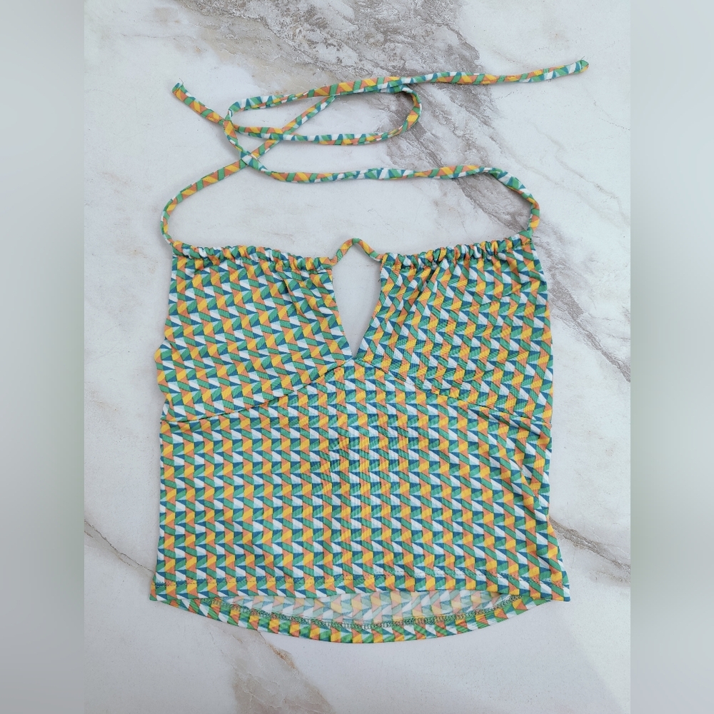 SO Green Geometric Pattern Women’s Halter Top Sz XS